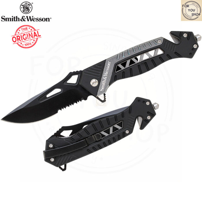 มีดพับ Smith & Wesson SW608S Rescue Flipper ใบมีด 3.4 นิ้ว ทรง Drop Point คมผสม สีดำ ด้ามอะลูมิเนียม ระบบ Liner Lock