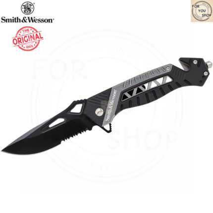 มีดพับ Smith & Wesson SW608S Rescue Flipper ใบมีด 3.4 นิ้ว ทรง Drop Point คมผสม สีดำ ด้ามอะลูมิเนียม ระบบ Liner Lock