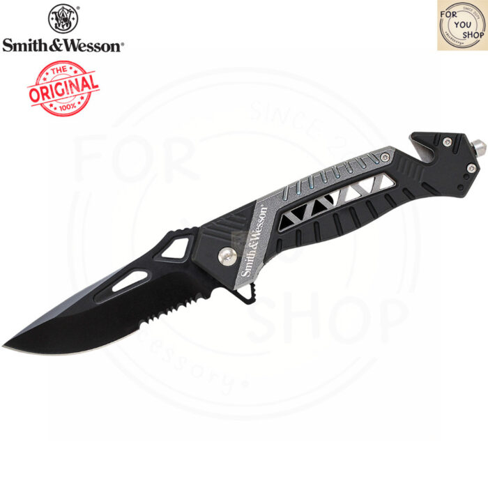 มีดพับ Smith & Wesson SW608S Rescue Flipper ใบมีด 3.4 นิ้ว ทรง Drop Point คมผสม สีดำ ด้ามอะลูมิเนียม ระบบ Liner Lock