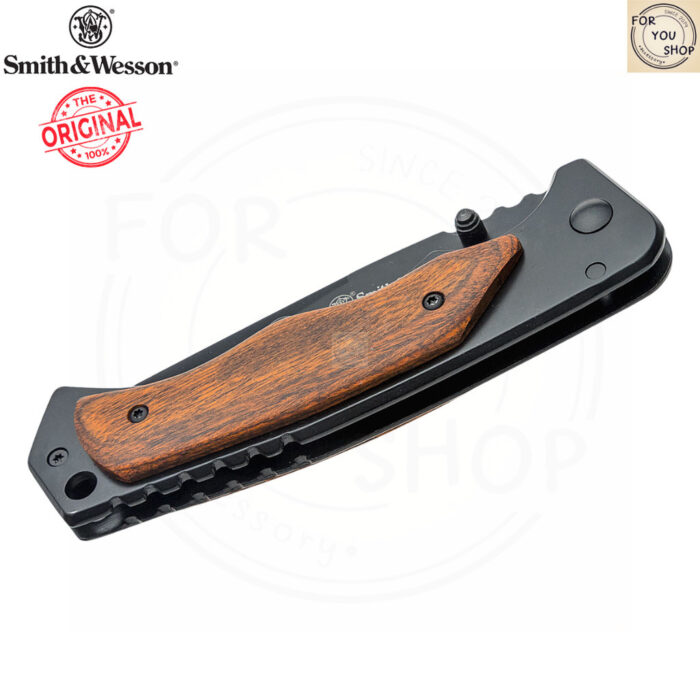 มีดพับ Smith & Wesson ใบมีด 3.7 นิ้ว ทรง Drop Point สีดำ ด้ามสแตนเลสฝังไม้ ระบบ Frame Lock รุ่น 1147091