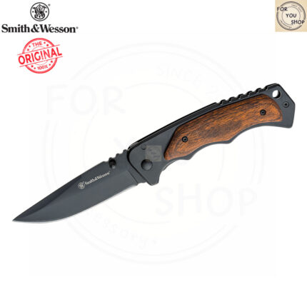 มีดพับ Smith & Wesson ใบมีด 3.7 นิ้ว ทรง Drop Point สีดำ ด้ามสแตนเลสฝังไม้ ระบบ Frame Lock รุ่น 1147091