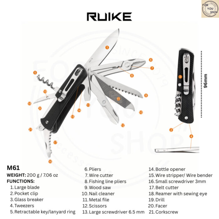 มีดพับ RUIKE M61 Multi-Tool EDC ใบมีด Sandvik 12C27 2.79นิ้ว ด้าม G10 Slip Joint 21ฟังก์ชัน Outdoor