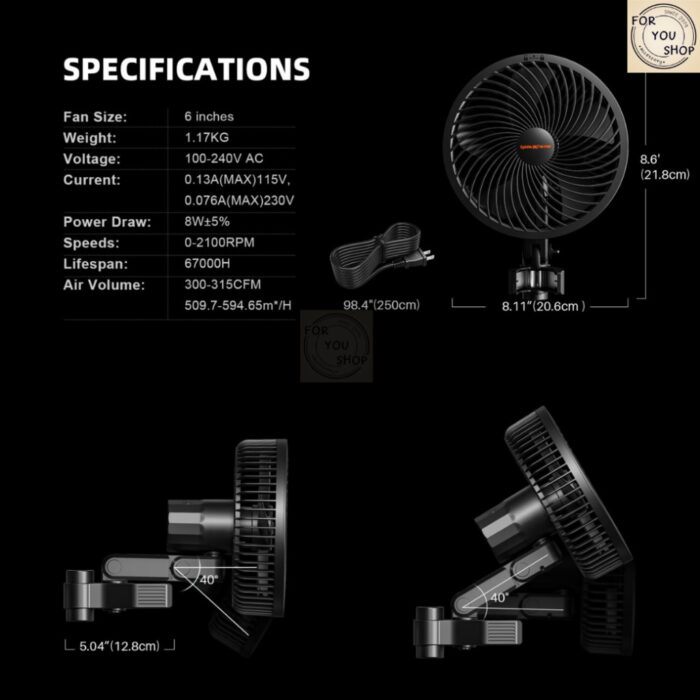 Spider Farmer Clip Fan 6 นิ้ว พัดลมหนีบเสา พัดลมหนีบเต็นท์ปลูก ส่ายอัตโนมัติ 10 ระดับ กันน้ำ IP54