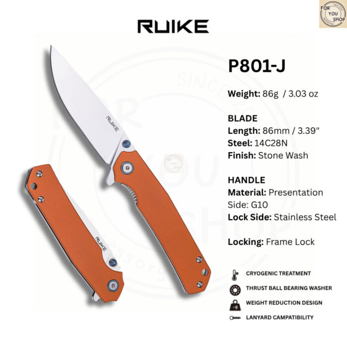 มีดพับ RUIKE P801 EDC ใบมีด 14C28N 3.39นิ้ว ด้าม Stainless / G10 ระบบ Frame Lock Outdoor Knife