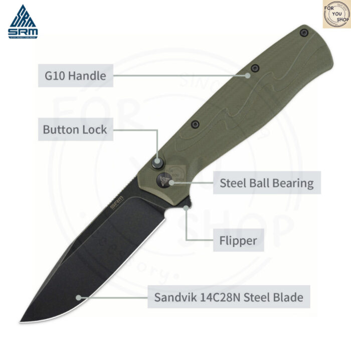 มีดพับ SRM 221X ใบมีด 14C28N ขนาด 3.6 นิ้ว ทรงBowie ด้าม G10 ระบบ Button Lock Tactical Folding Knife