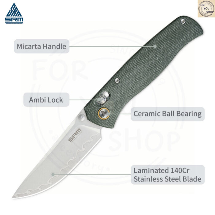 มีดพับ SRM 255L Medal ใบมีดLaminated140Cr ระบบAmbi-Lock ลูกปืนเซรามิก ด้ามMicarta /G10 /Carbon Fiber
