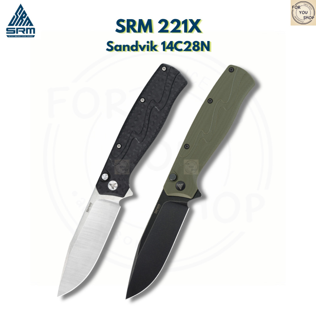 มีดพับ SRM 221X ใบมีด 14C28N ขนาด 3.6 นิ้ว ทรงBowie ด้าม G10 ระบบ Button Lock Tactical Folding Knife
