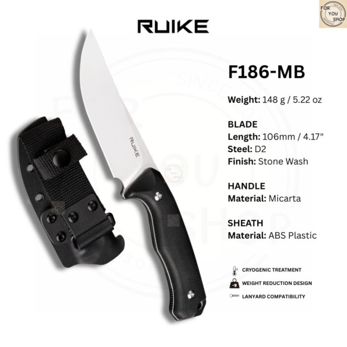 มีดพก Ruike Knife F186-MB ใบมีด D2 4.17นิ้ว Stonewash ด้าม Micarta พร้อมปลอก ABS Fixed Blade