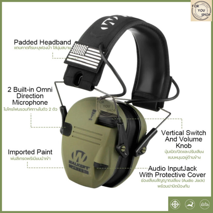 Electronic Earmuffs หูฟังครอบหูอิเล็กทรอนิกส์ ช่วยป้องกันเสียงดัง ปรับระดับได้ สำหรับยิงปืน/ล่าสัตว์