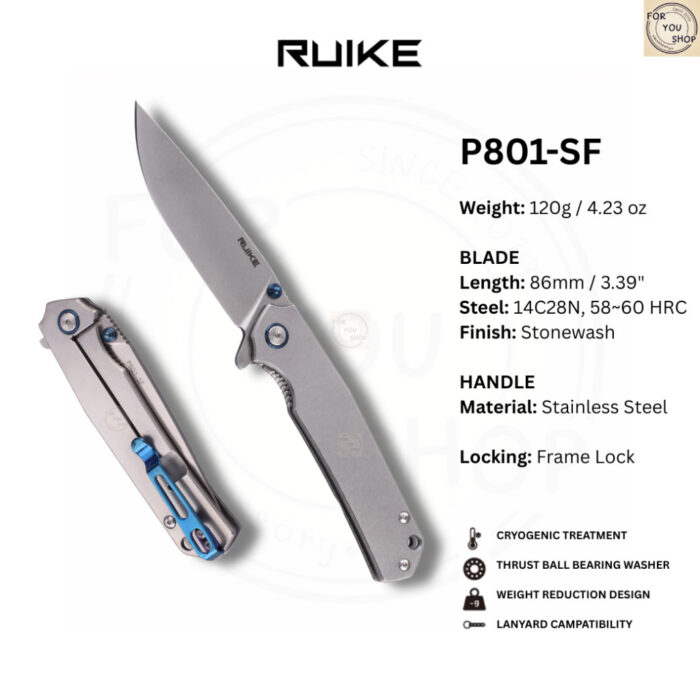 มีดพับ RUIKE P801 EDC ใบมีด 14C28N 3.39นิ้ว ด้าม Stainless / G10 ระบบ Frame Lock Outdoor Knife