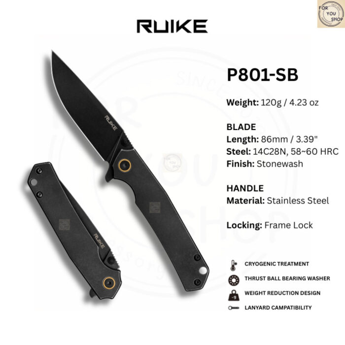 มีดพับ RUIKE P801 EDC ใบมีด 14C28N 3.39นิ้ว ด้าม Stainless / G10 ระบบ Frame Lock Outdoor Knife