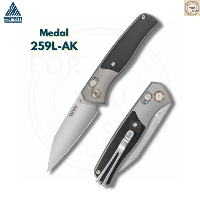 มีดพับ SRM 259L Medal ใบมีด 14C28N 3.18 นิ้ว ด้าม Aluminum + ไม้ Rosewood / Ebony ระบบ Ambi-Lock EDC