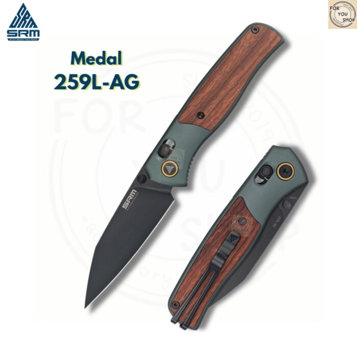 มีดพับ SRM 259L Medal ใบมีด 14C28N 3.18 นิ้ว ด้าม Aluminum + ไม้ Rosewood / Ebony ระบบ Ambi-Lock EDC