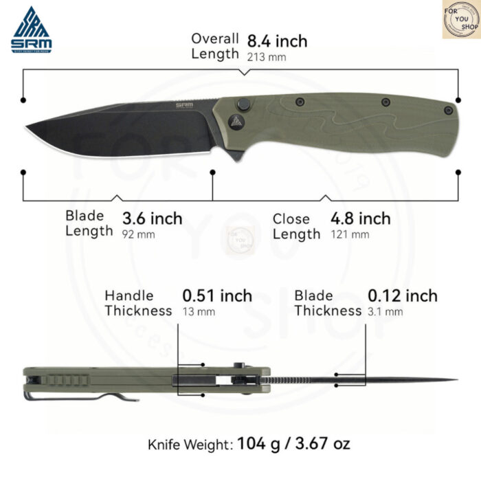 มีดพับ SRM 221X ใบมีด 14C28N ขนาด 3.6 นิ้ว ทรงBowie ด้าม G10 ระบบ Button Lock Tactical Folding Knife