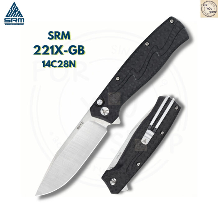 มีดพับ SRM 221X ใบมีด 14C28N ขนาด 3.6 นิ้ว ทรงBowie ด้าม G10 ระบบ Button Lock Tactical Folding Knife