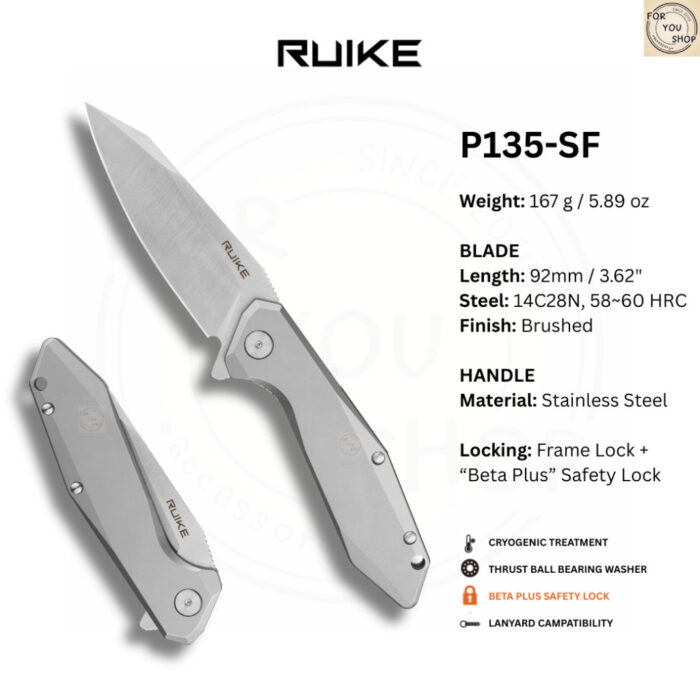 มีดพับ RUIKE P135-SF EDC Reverse Tanto ใบมีด Sandvik14C28N 3.62นิ้ว ด้าม420 Stainless Frame Lock