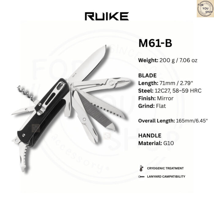 มีดพับ RUIKE M61 Multi-Tool EDC ใบมีด Sandvik 12C27 2.79นิ้ว ด้าม G10 Slip Joint 21ฟังก์ชัน Outdoor