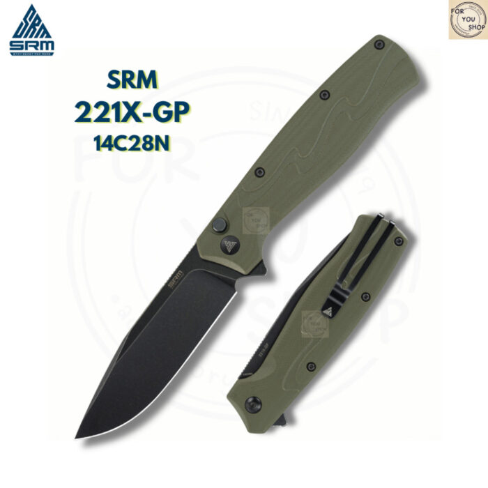 มีดพับ SRM 221X ใบมีด 14C28N ขนาด 3.6 นิ้ว ทรงBowie ด้าม G10 ระบบ Button Lock Tactical Folding Knife