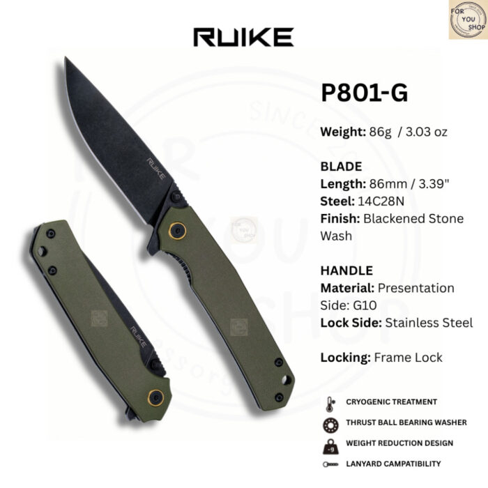 มีดพับ RUIKE P801 EDC ใบมีด 14C28N 3.39นิ้ว ด้าม Stainless / G10 ระบบ Frame Lock Outdoor Knife