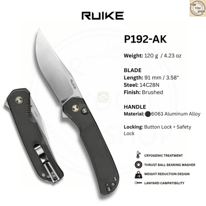 (New Products) มีดพับ RUIKE P192 ใบมีด 14C28N ขนาด 3.58 นิ้ว ด้าม Aluminum ระบบ Button Lock EDC