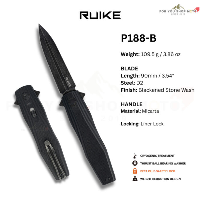 มีดพับ Ruike Knife P188 (P188-B / P188-E) Flipper Folding Knife ใบมีด D2 3.58" ด้าม G10 แท้ 100%