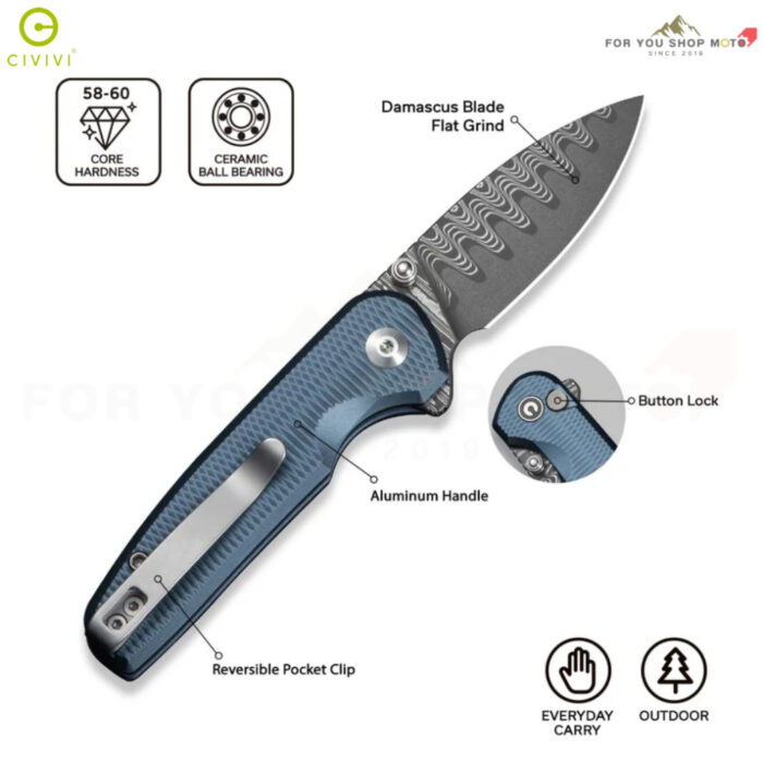 th-11134207-81ztd-mr1as0besav87c-2.jpg มีดพับ CIVIVI Mini Shakan ใบมีด Nitro-V / Damascus 2.48 นิ้ว ด้าม Aluminum อะลูมิเนียม ระบบ Button Lock มีด EDC