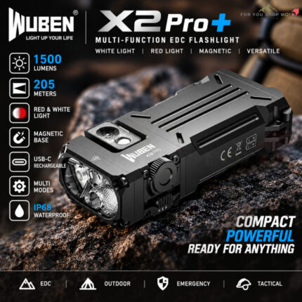 Wuben X2 Pro+ ไฟฉาย EDC แม่เหล็ก พกพาความสว่างสูงสุด 1500 Lumens ปรับแสงไร้ระดับ ไฟข้างขาว-แดง ชาร์จ Type-C กันน้ำ IP65