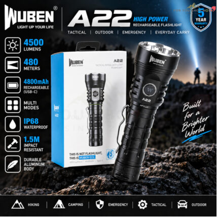 Wuben A22 ไฟฉายแรงสูง 4,500 Lumens LED CREE XHP70.2 ชาร์จ Type-C กันน้ำ IP68 ไฟฉายพกพา ลุยป่า แค้มปิ้ง