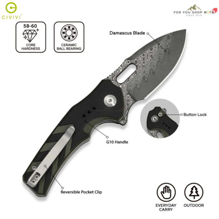 มีดพับ CIVIVI Vexron ใบมีด 14C28N / Damascus 2.98นิ้ว ด้าม G10 ระบบ Flipper & Thumb Hole & Button Lock Knife EDC C24066