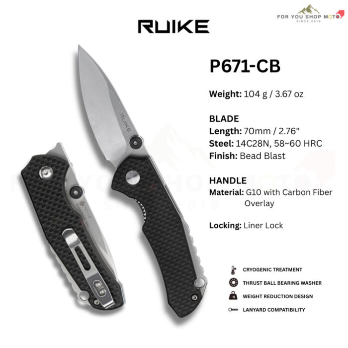 มีดพับ Ruike Knife P671-CB Front Flipper 2.75" เหล็ก 14C28N ด้าม Carbon Fiber ล็อค Liner Lock ของแท้ 100%