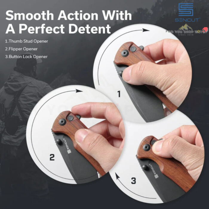 มีดพับ SENCUT Sachse ใบมีด 9Cr18MoV 3.47 นิ้ว ด้าม Micarta / G10 / ไม้ Guibourtia ระบบ Button Lock Flipper & Thumb Stud
