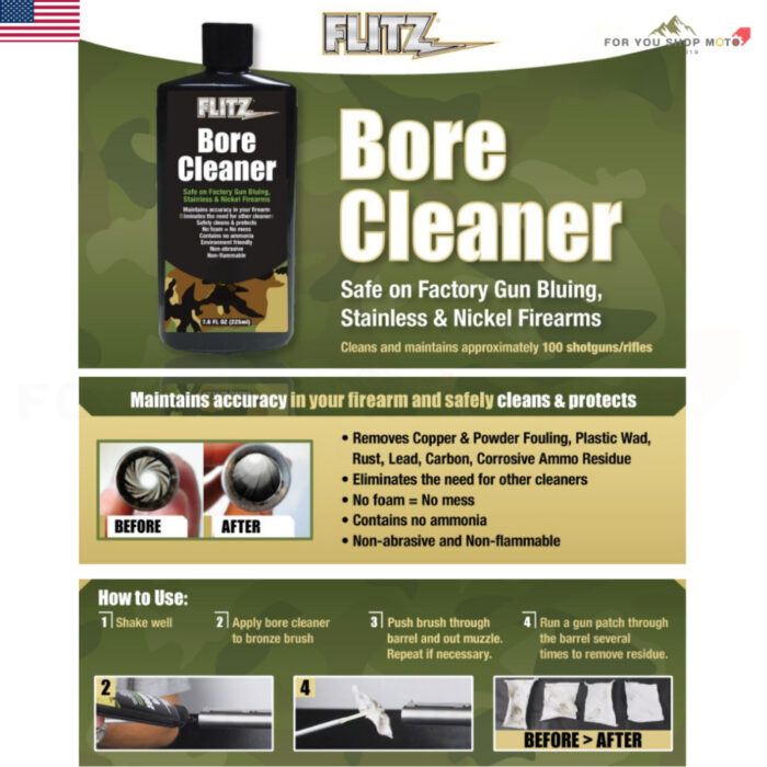 น้ำยาขัดอาวุธปืน มีด Flitz Gun Bore Cleaner, 7.6 oz. Bottle ปืน 7.6oz (225ml) ขจัดสนิม ตะกั่ว เขม่า ไม่กัดผิวปืน ไร้ส
