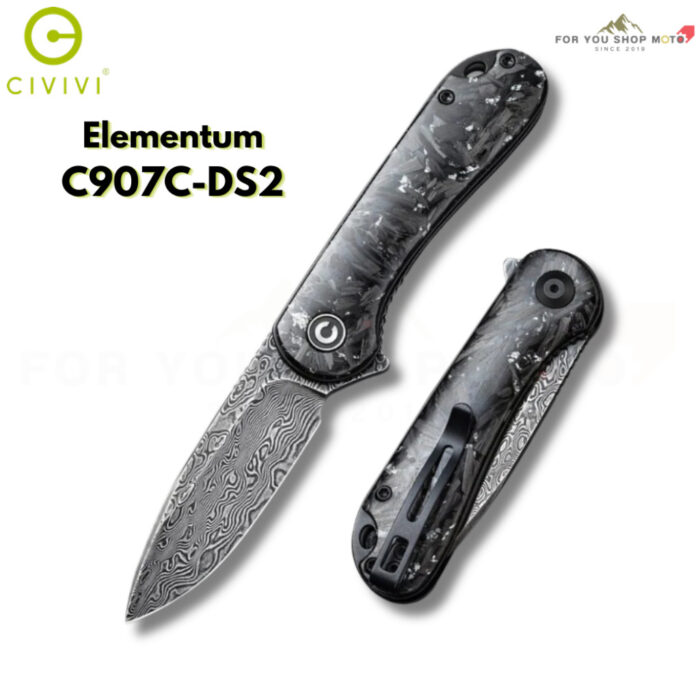 มีดพับ CIVIVI Elementum ใบมีด Damascus 2.96 นิ้ว ด้าม Carbon Fiber & Resin ระบบ Liner Lock Flipper Knife รุ่น C907C-DS