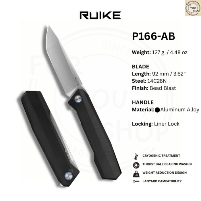 มีดพับ Ruike P166-AB ใบมีด Tanto 3.62นิ้ว เหล็ก 14C28N ด้าม Aluminum สีดำ Liner Lock Flipper Knife EDC