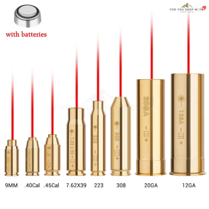 เลเซอร์ตั้งศูนย์ลำกล้อง Boresighter สีแดง .223 / 5.56 / 9mm / .308 / 7.62 / .45 / 30-06 ตัวเรือนทองเหลือง พร้อมถ่าน
