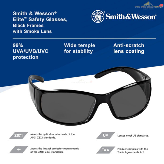 Smith & Wesson Elite Safety Glasses 21303 แว่นตาเซฟตี้ เลนส์ Smoke กันฝ้า มาตรฐาน ANSI Z87.1+ พร้อมถุงไมโครไฟเบอร์