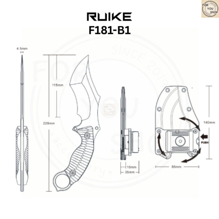 มีดพก Ruike F181-B1 ใบมีด 14C28N 4.53นิ้ว Blackened and polished ด้าม G10 พร้อมปลอก ABS Fixed Blade