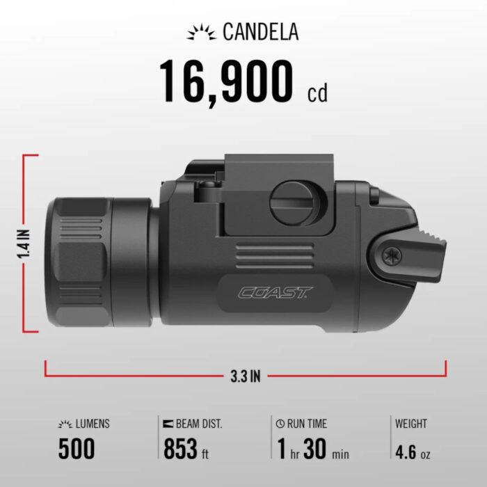 COAST PTX35R Pistol Light ไฟฉายติดราง 500 Lumens (รองรับราง Picatinny / Universal) ชาร์จได้ สลับปรับลำแสง Spot & Flood