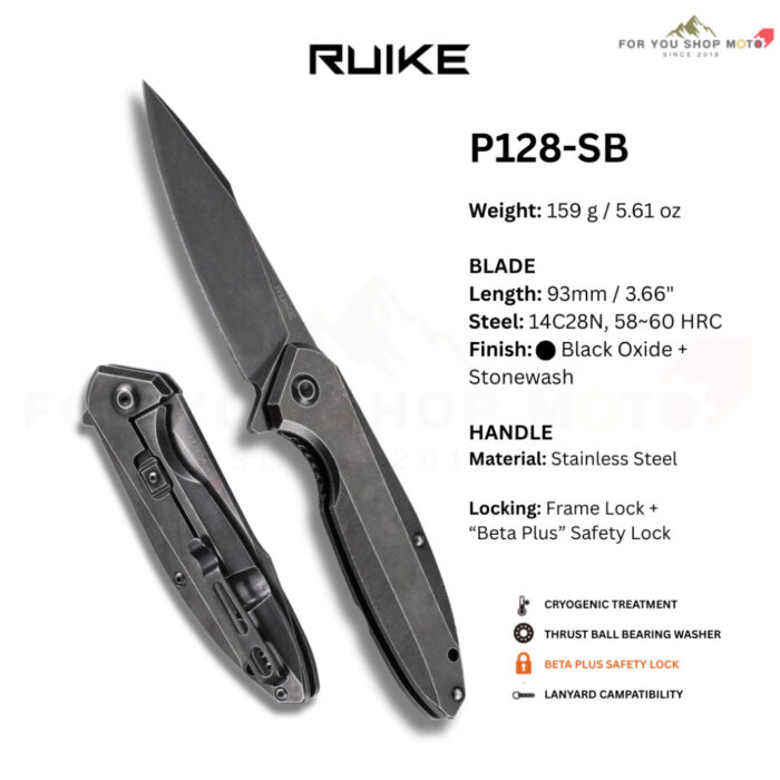 มีดพับ RUIKE P128 ใบมีด Sandvik 14C28N 3.66 นิ้ว ด้าม 420 Stainless Frame Lock Beta Plus Outdoor P128-SF / P128-SB