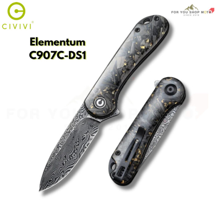 มีดพับ CIVIVI Elementum ใบมีด Damascus 2.96 นิ้ว ด้าม Carbon Fiber & Resin ระบบ Liner Lock Flipper Knife รุ่น C907C-DS