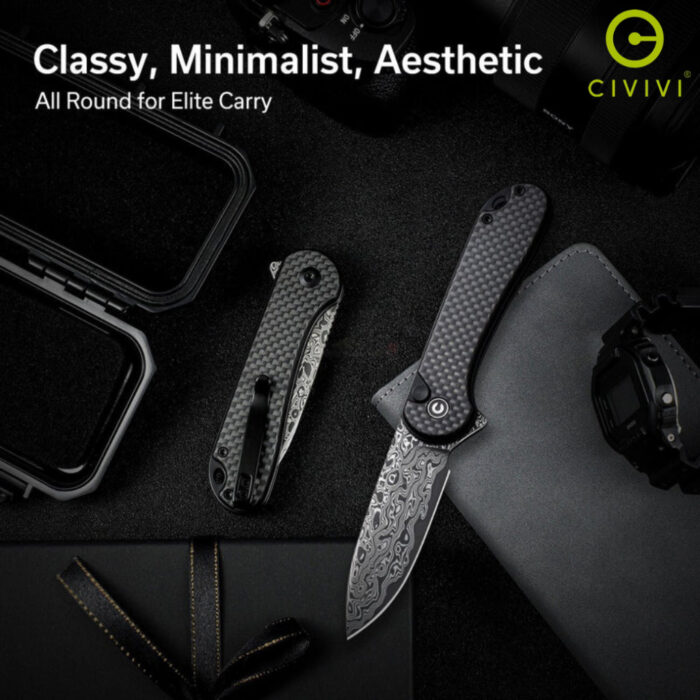 มีดพับ CIVIVI Button Lock Elementum II ใบมีด Nitro-V / Damascus 2.96นิ้ว ด้าม G10/Ultem/CarbonFiber/Aluminum (C18062P)