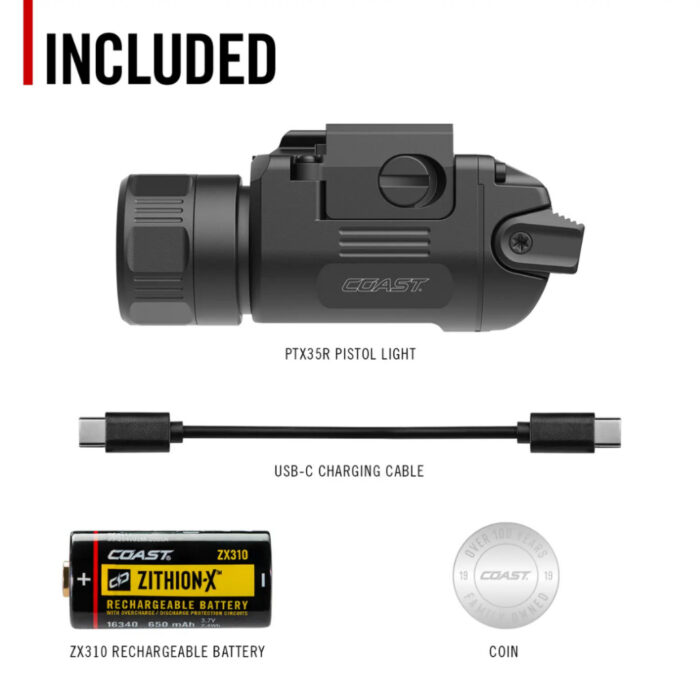 COAST PTX35R Pistol Light ไฟฉายติดราง 500 Lumens (รองรับราง Picatinny / Universal) ชาร์จได้ สลับปรับลำแสง Spot & Flood