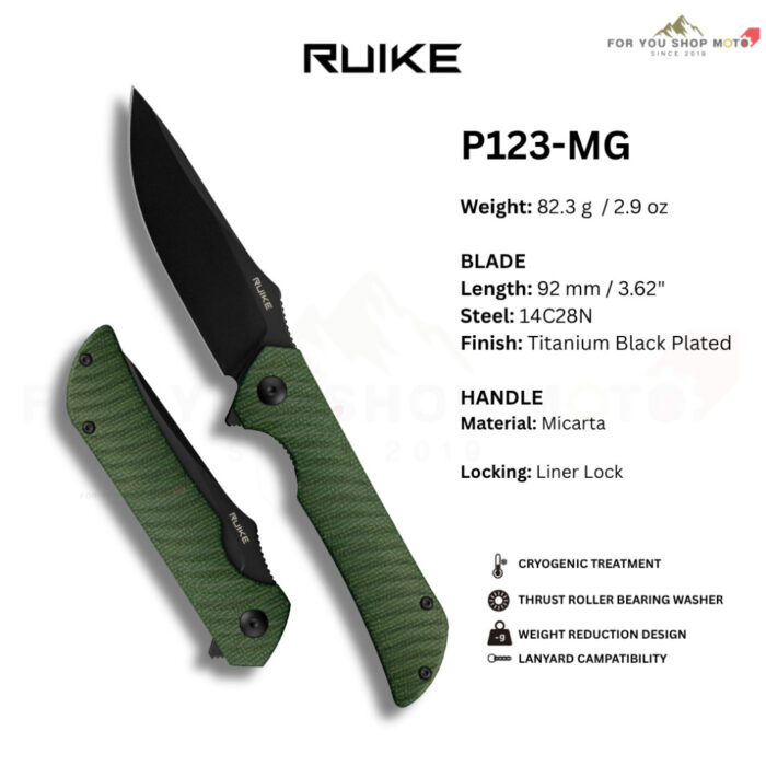 มีดพับ RUIKE P123 ใบมีด Sandvik 14C28N 3.62 นิ้ว Drop Point ด้าม Micarta ระบบ Liner Lock EDC P123-MB / P123-ME / P123-MG