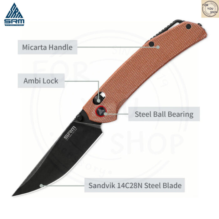 มีดพับ SRM Asika 411L-MN ใบมีด 14C28N ขนาด 3.46 นิ้ว ทรง Clip Point ด้าม Micarta ระบบ Crossbar Lock