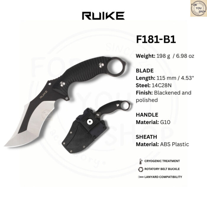 มีดพก Ruike F181-B1 ใบมีด 14C28N 4.53นิ้ว Blackened and polished ด้าม G10 พร้อมปลอก ABS Fixed Blade