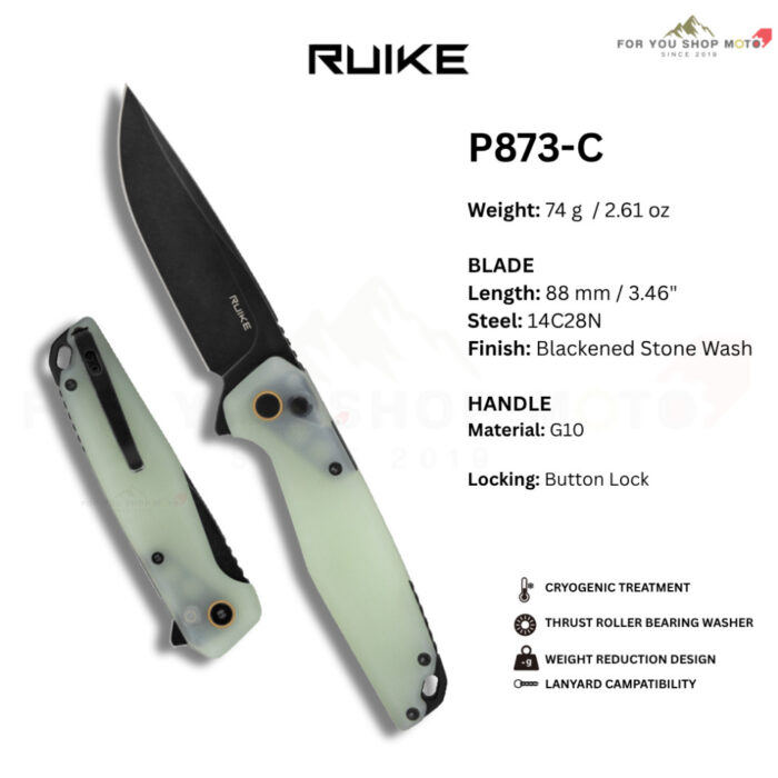 มีดพับ RUIKE P873 ใบมีด Sandvik 14C28N 3.46 นิ้ว Drop Point ด้าม G10 / Micarta ระบบ Button lock Outdoor Knife EDC