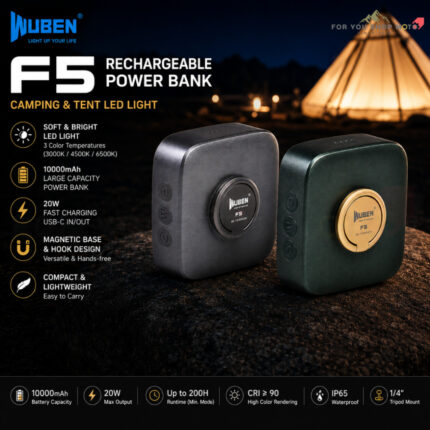 WUBEN F5 ไฟแคมป์ปิ้ง LED 500 Lumens + พาวเวอร์แบงค์ในตัว 5200mAh ปรับแสงได้ 3 สี กันน้ำ IP64 มีแม่เหล็กในตัว