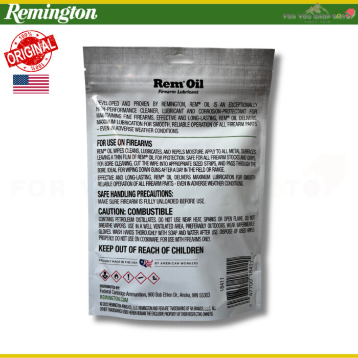Remington REM OIL Wipes ผ้าเช็ดทำความสะอาดและเคลือบปกป้องโลหะ 1 แพ็ค(12 แผ่น) ทำความสะอาด หล่อลื่น ป้องกันสนิม