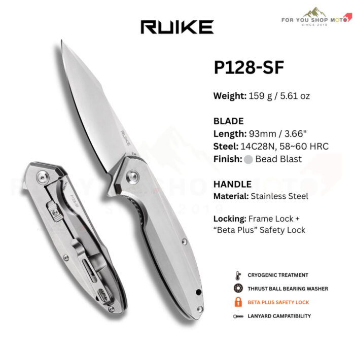 มีดพับ RUIKE P128 ใบมีด Sandvik 14C28N 3.66 นิ้ว ด้าม 420 Stainless Frame Lock Beta Plus Outdoor P128-SF / P128-SB