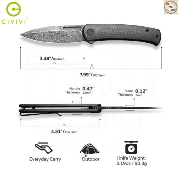 มีดพับ CIVIVI Caetus C21025C-DS1 ใบมีด Damascus 3.48นิ้ว ด้าม Carbon Fiber ระบบ Liner Lock Flipper Knife (Discontinued)